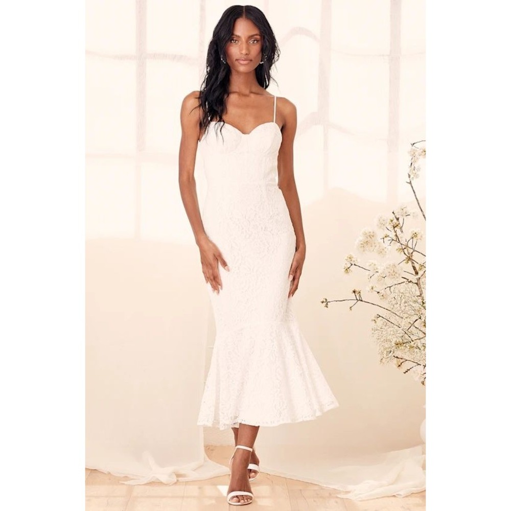 Lulus Trumpet Midi Dress XS White Lace Found Your Love Bridal Wedding Party
